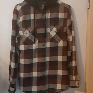 Brown and white flannel with attached hoodie